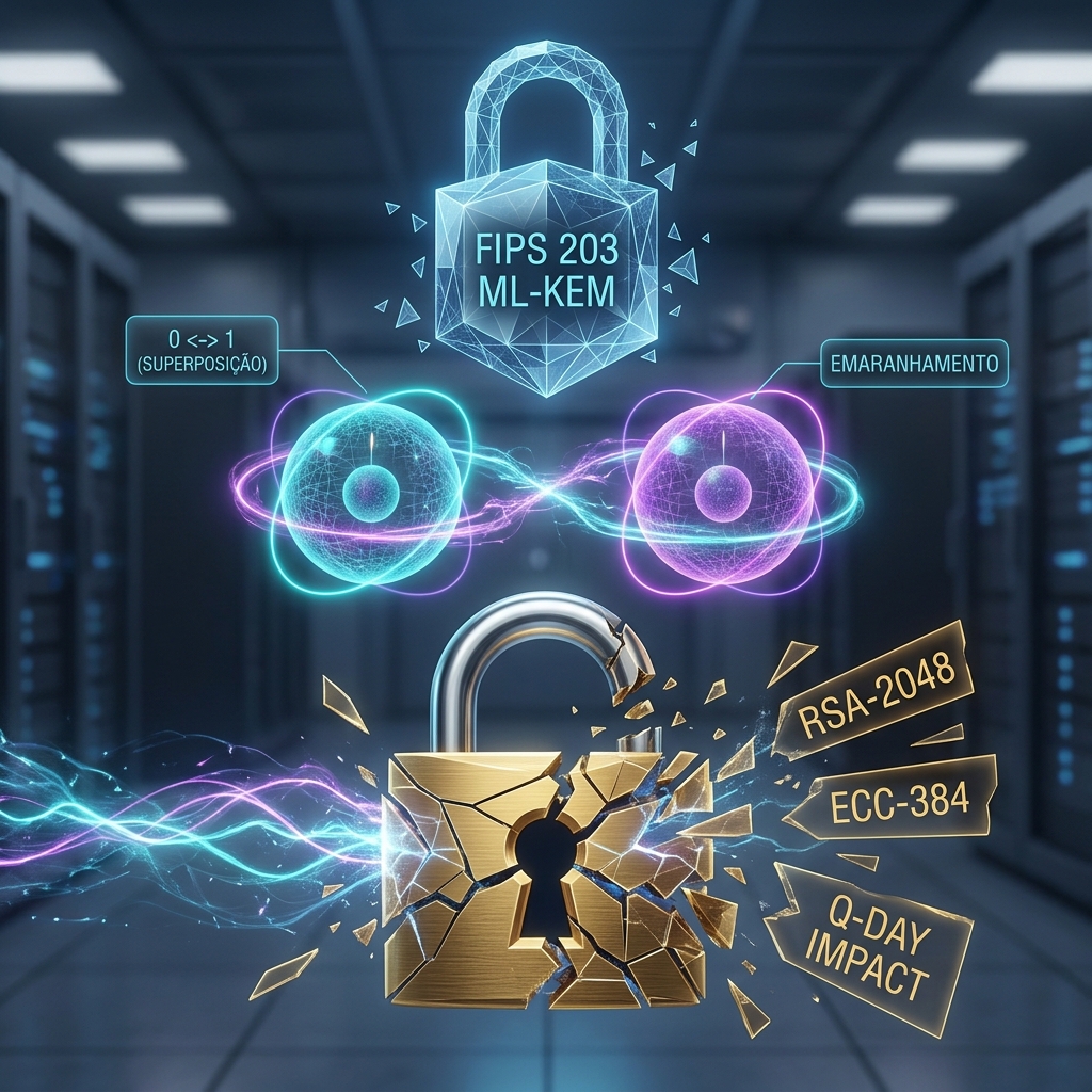 Ilustração de um computador quântico com qubits em superposição, representando o impacto da computação quântica na arquitetura de software e na criptografia pós-quântica