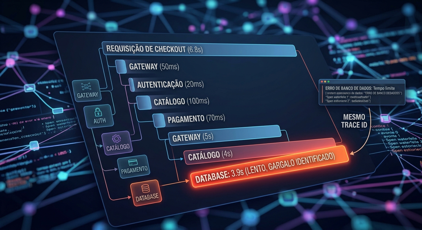 Painel de observabilidade mostrando logs, métricas e tracing distribuído em um sistema de microserviços
