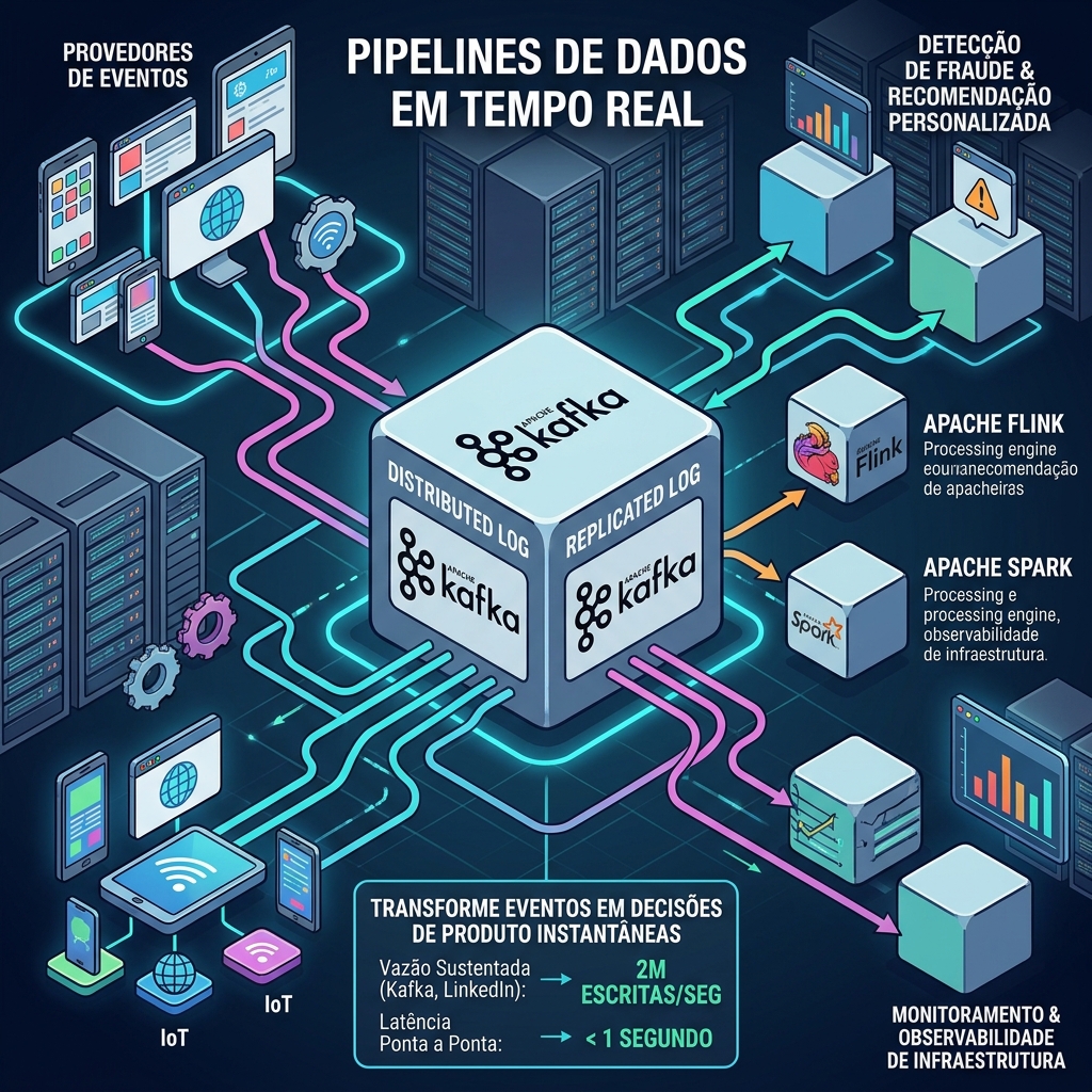 Diagrama de um pipeline de dados em tempo real com produtores de eventos, Apache Kafka como hub central e consumidores processando com Flink e Spark