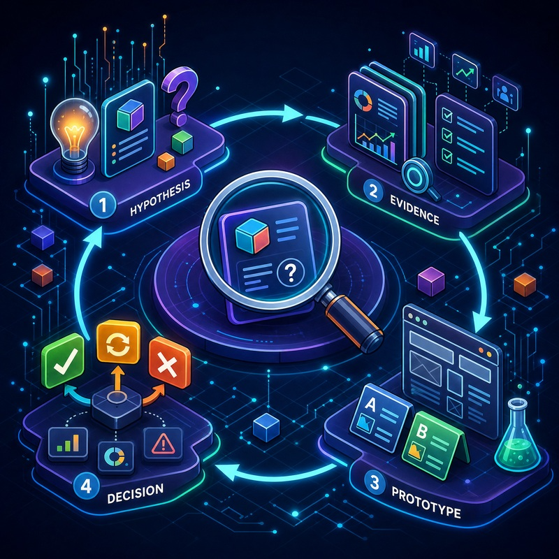 Time de produto em sessão de discovery conduzindo entrevistas com usuários, com hipóteses anotadas em um quadro