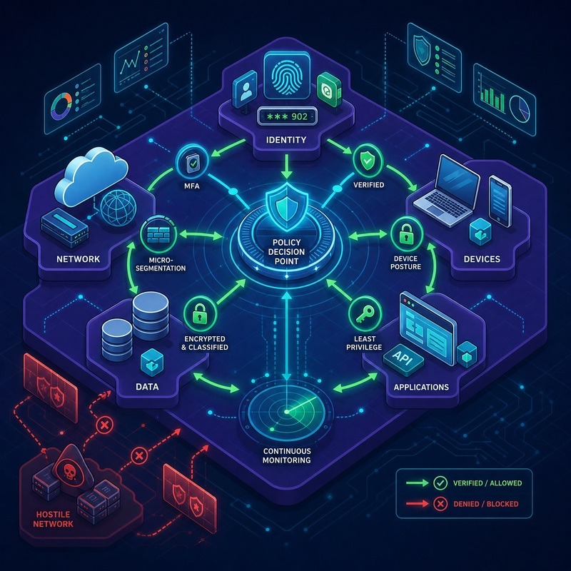 Diagrama ilustrando o modelo Zero Trust, com usuários e dispositivos autenticados individualmente antes de acessar cada recurso corporativo